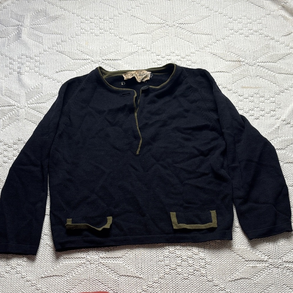 Vintage Black Sweater with Olive Trim